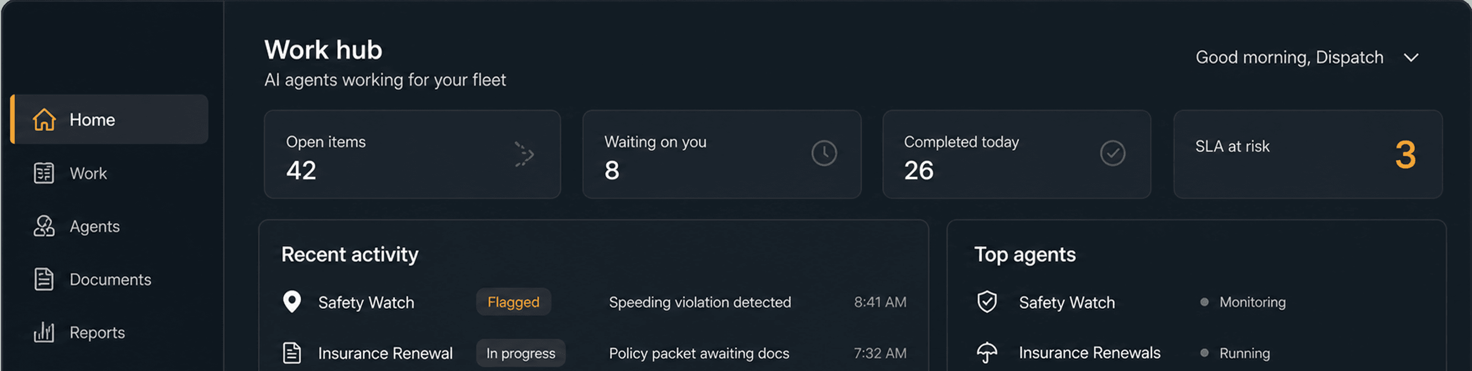 FleetRun Work hub: AI agents tracking open items, items waiting on you, completed work, SLA risk, recent activity, and active agents.